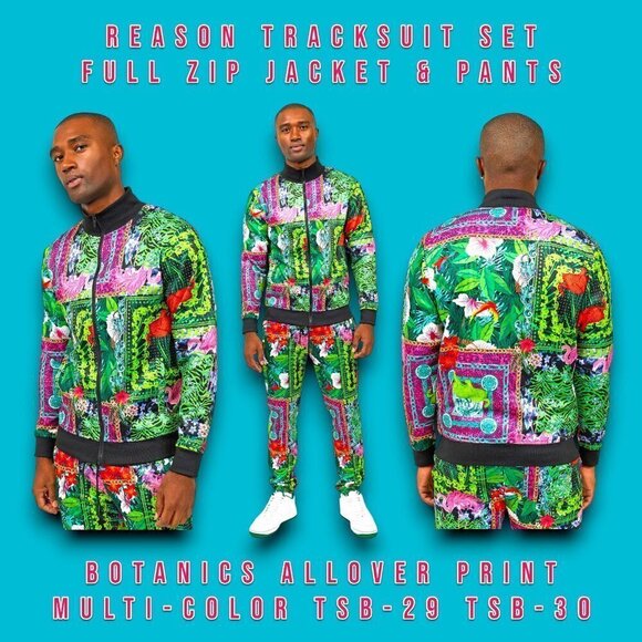 Reason Botanics Print Tracksuit 2 Piece Full Zip Jacket & Pants Men's Large - Picture 1 of 11